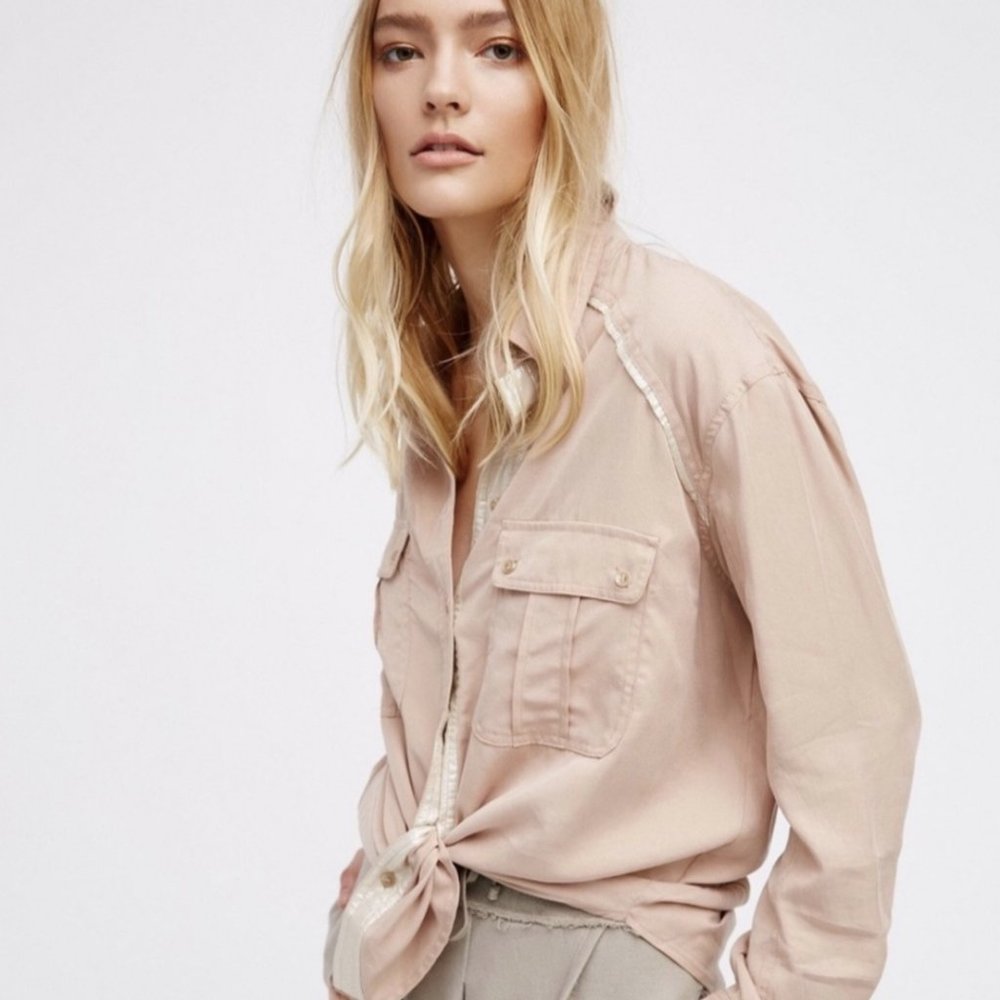 Free People Off Campus Metallic Button Down Top Size L